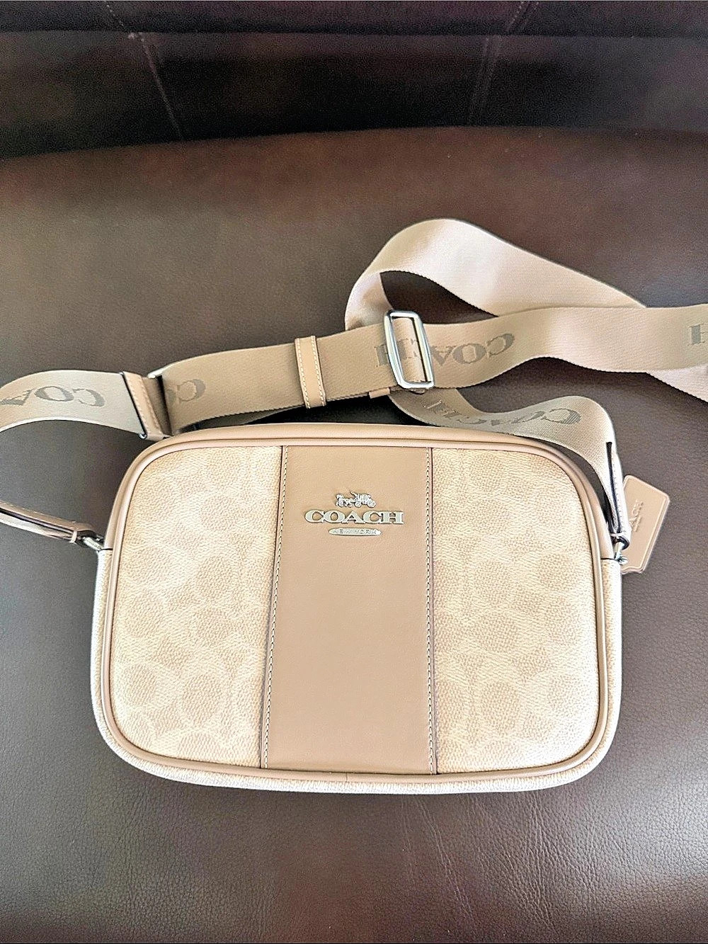 Coach Jamie Camera Bag In Signature Canvas With Stripe Beige & Brown
